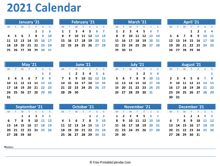 2021 Yearly Calendar with Notes space (horizontal)