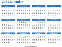 Blank Yearly Calendar 2021 (horizontal)