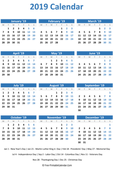 2019 calendar holidays vertical