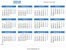 2019 yearly calendar notes horizontal