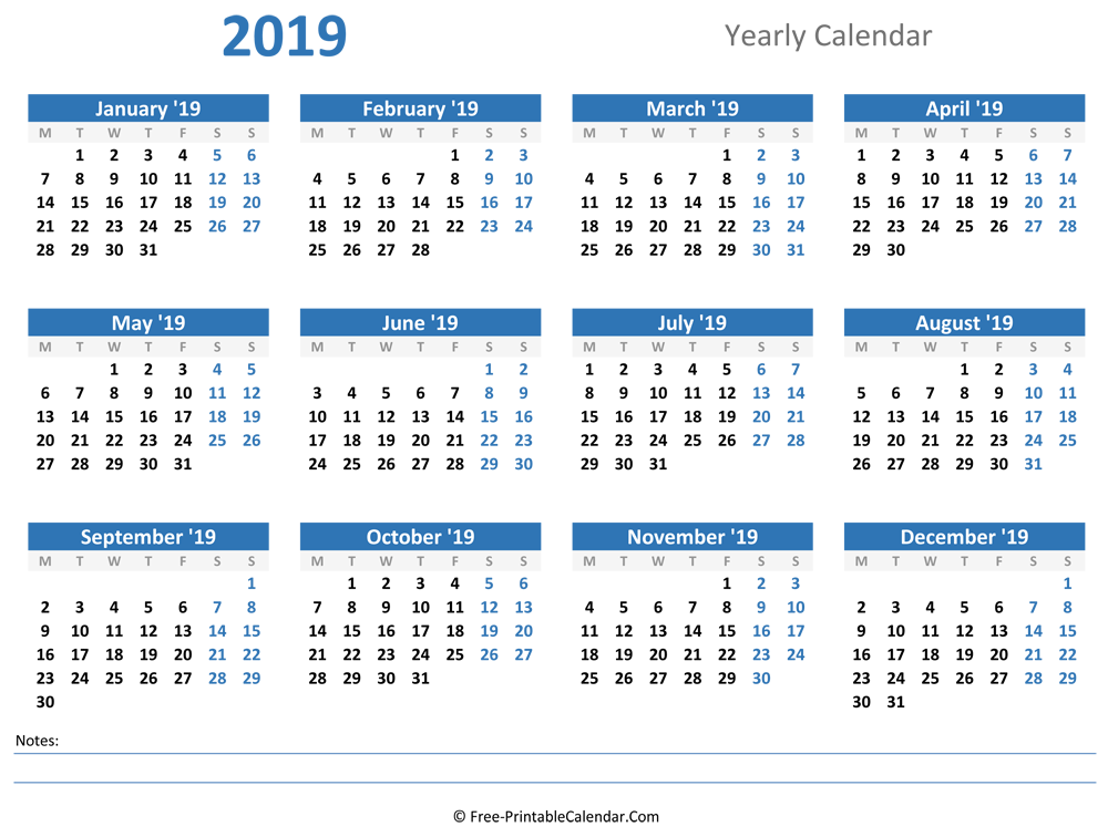 2019 Yearly Calendar