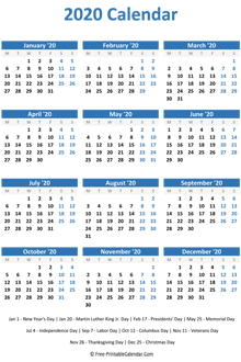 2020 calendar holidays vertical