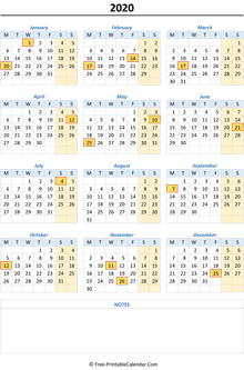 2020 calendar holidays weekend highlight vertical