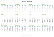 2020 calendar printable horizontal