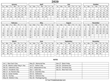 2020 landscape calendar holidays