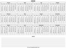 2020 landscape calendar notes