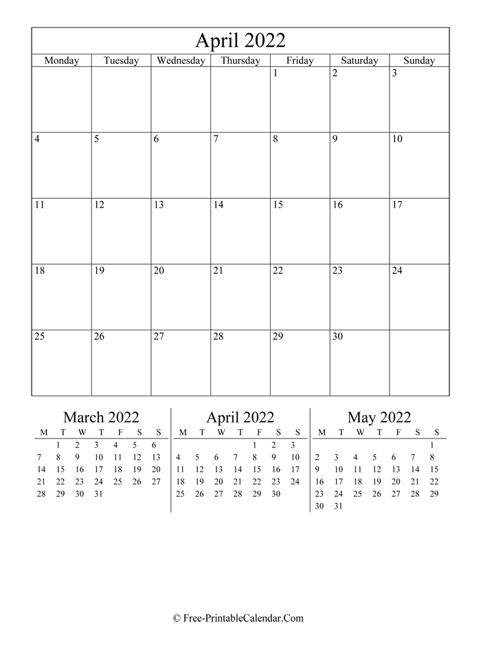 2022 Calendar April (Portrait Layout)