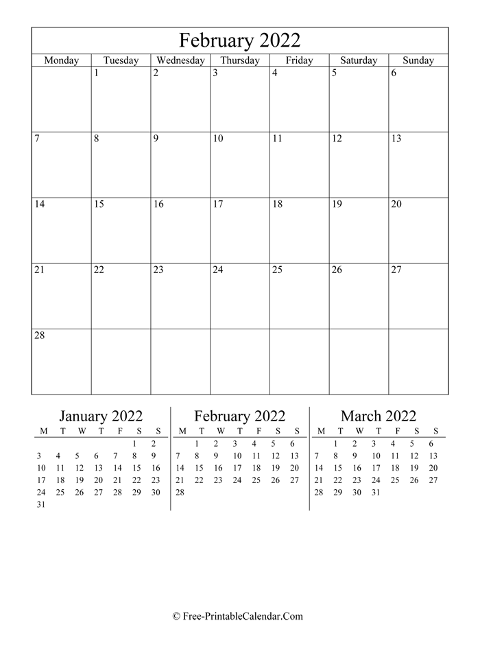 2022 Calendar February (Portrait Layout)