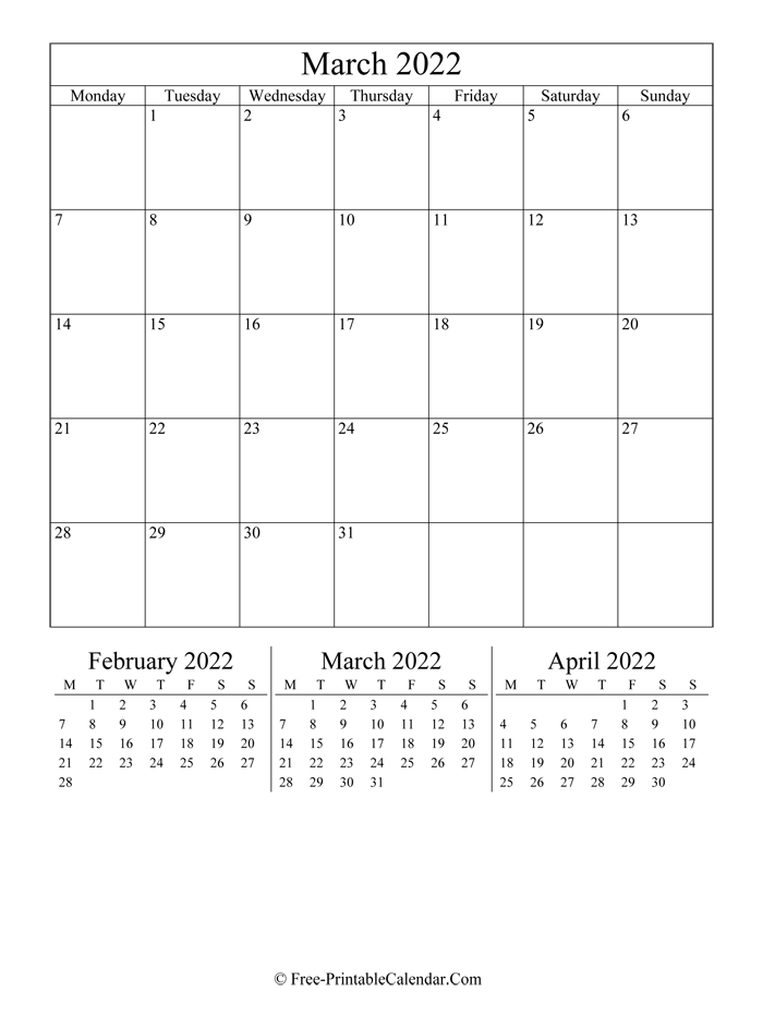 2022 Calendar March (Portrait Layout)