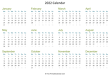 2022 calendar printable horizontal