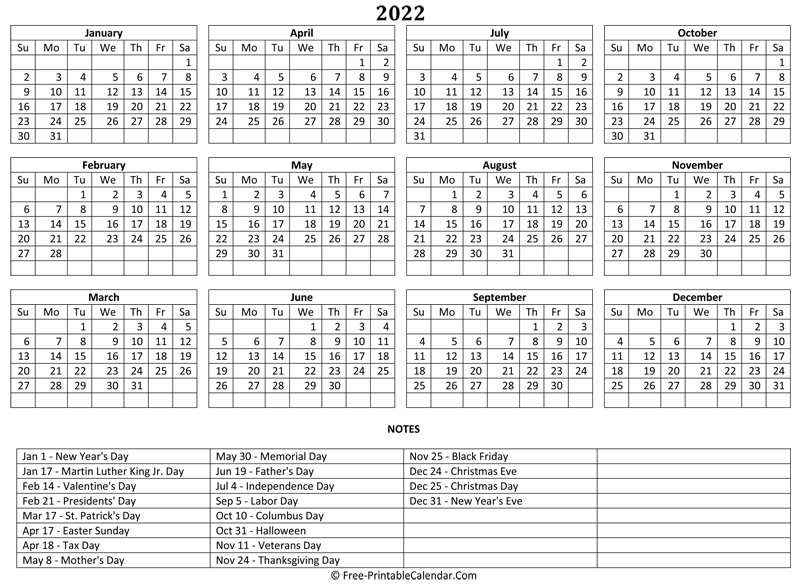 2022 Horizontal Calendar.