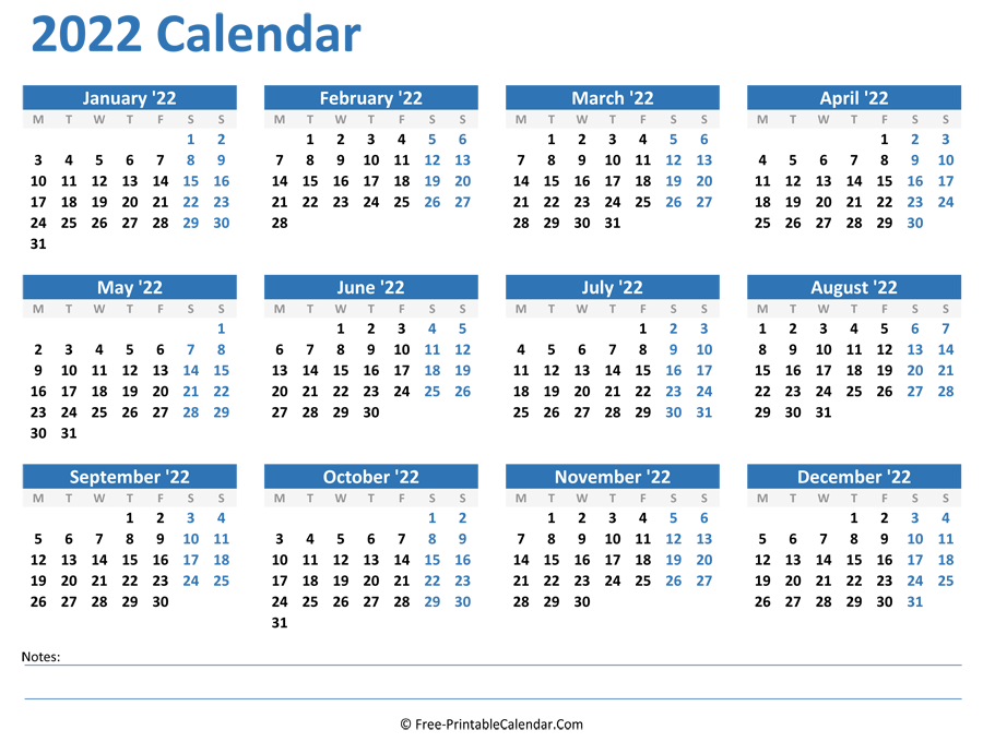 2022 Yearly Calendar
