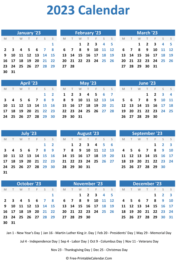 Printable Calendar 2023 One Page With Holidays Single Page 2023 