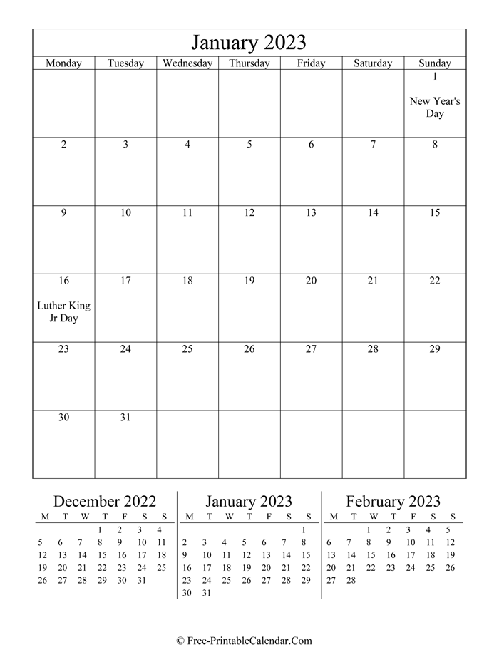 2023 Calendar January (Portrait Layout)