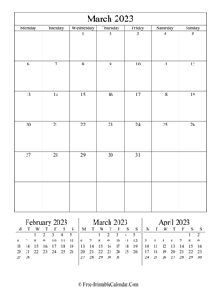 2023 calendar march vertical layout