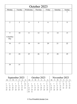 2023 calendar october vertical layout