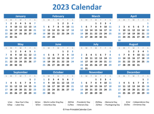 2023 yearly calendar with holidays (horizontal layout)
