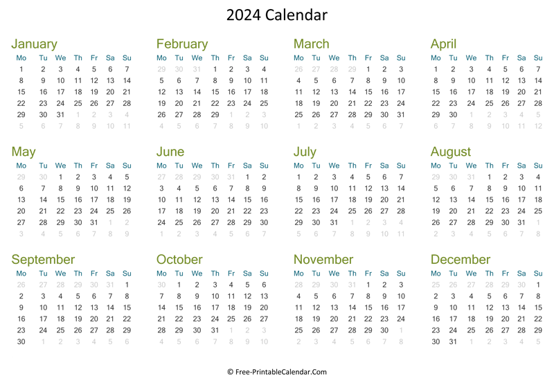 Free Printable Yearly Calendar 2024 With Lines