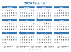 2024 yearly calendar holidays horizontal