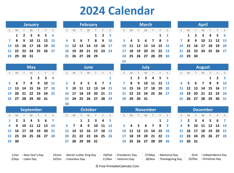 2024 Yearly Calendar with Holidays (Horizontal Layout)