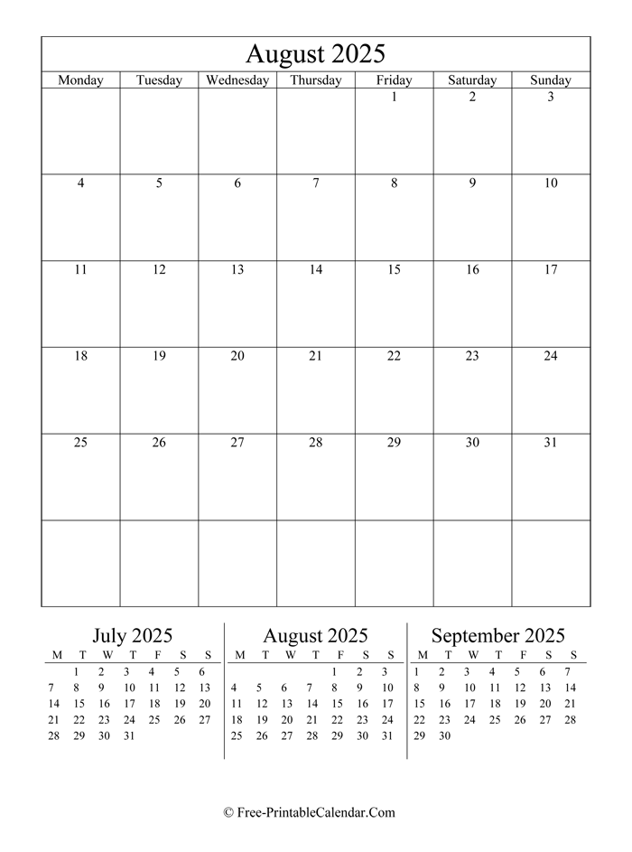 2025 Calendar August (Portrait Layout)