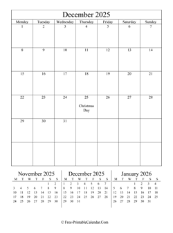 2025 calendar december vertical layout
