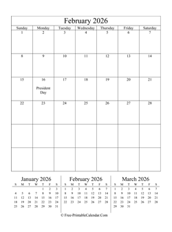 2026 calendar february vertical layout