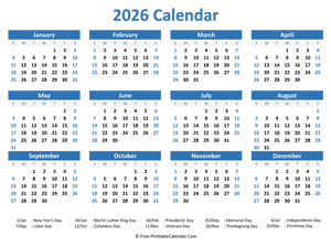2026 Yearly Calendar with Holidays (horizontal)