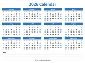 2026 yearly calendar with notes (horizontal layout)