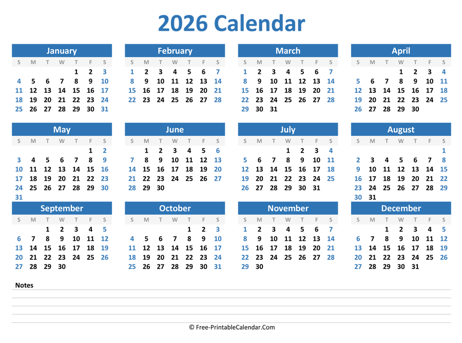 blank yearly calendar 2026 (horizontal layout)