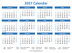 2027 Yearly Calendar with Holidays (horizontal)