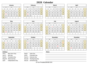 2028 landscape calendar holidays