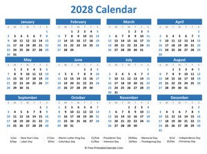2028 Yearly Calendar with Holidays (horizontal)