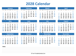 2028 Yearly Calendar with Notes space (horizontal)