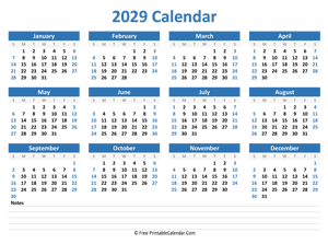 2029 Yearly Calendar with Notes space (horizontal)