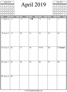 april 2019 calendar vertical
