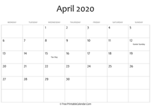 april 2020 calendar printable holidays