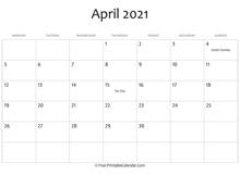 april 2021 calendar printable holidays