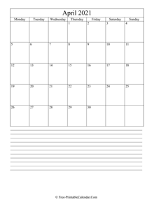 april 2021 editable calendar notes portrait