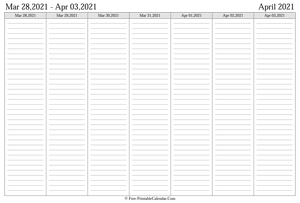 april 2021 weekly calendar landscape layout