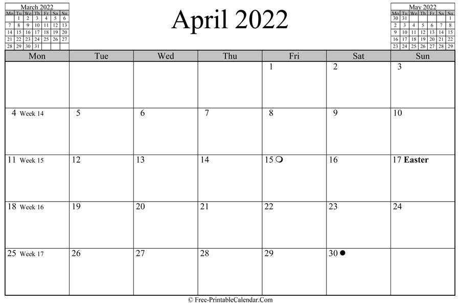 april 2022 Calendar (horizontal layout)