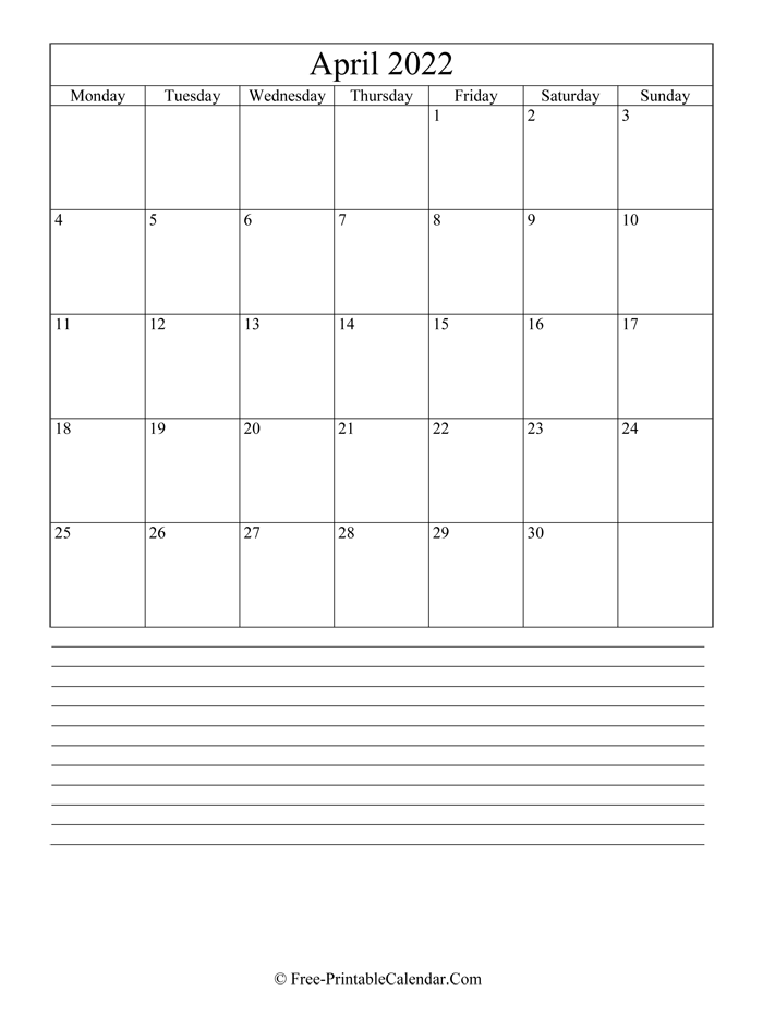 april 2022 Editable Calendar with notes