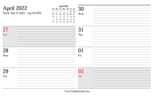 april 2022 weekly calendar planner landscape layout