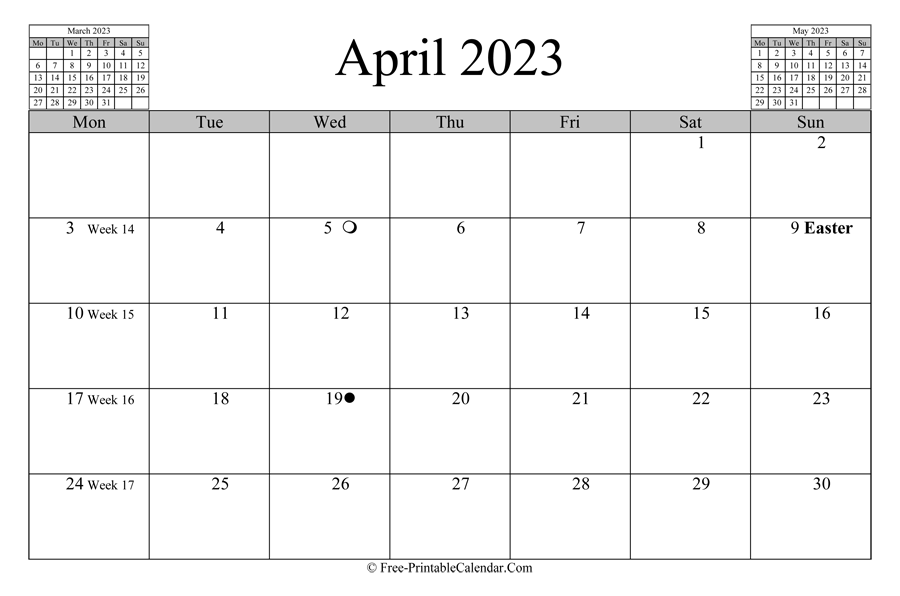 april 2023 Calendar (horizontal layout)