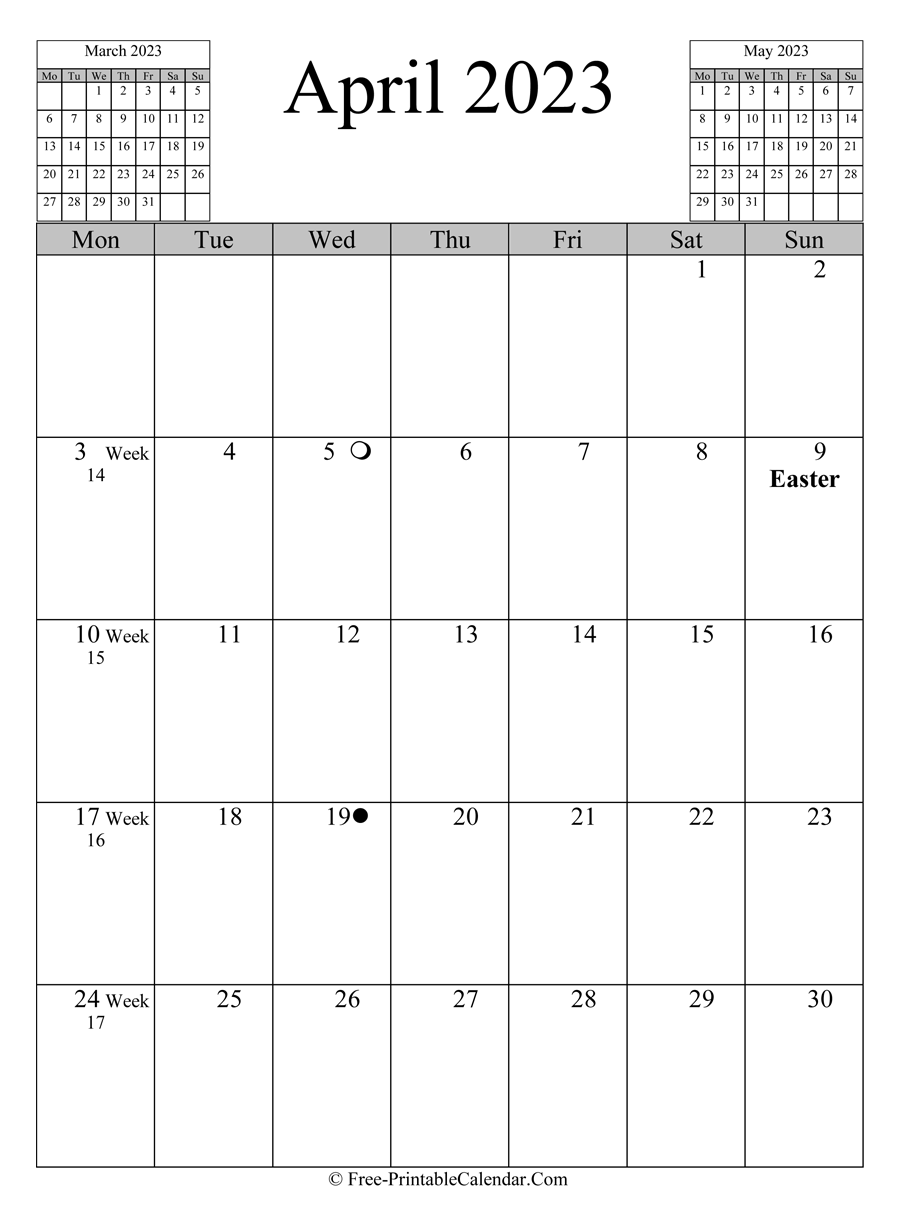 april 2023 Calendar (vertical layout)