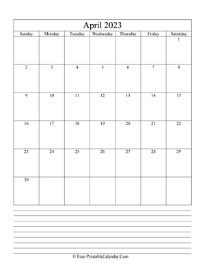 april 2023 editable calendar notes portrait