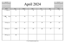 April 2024 Calendar (horizontal)