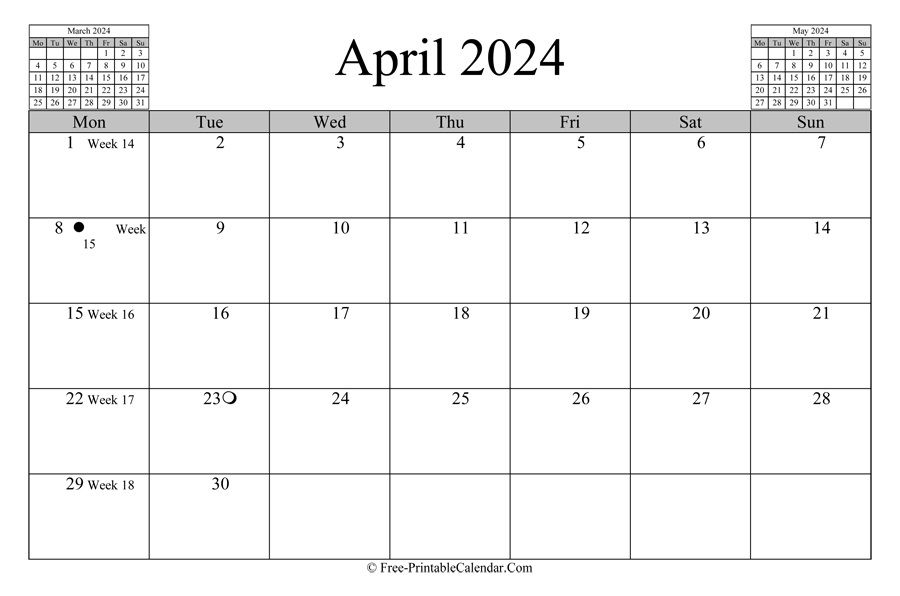 april 2024 Calendar (horizontal layout)