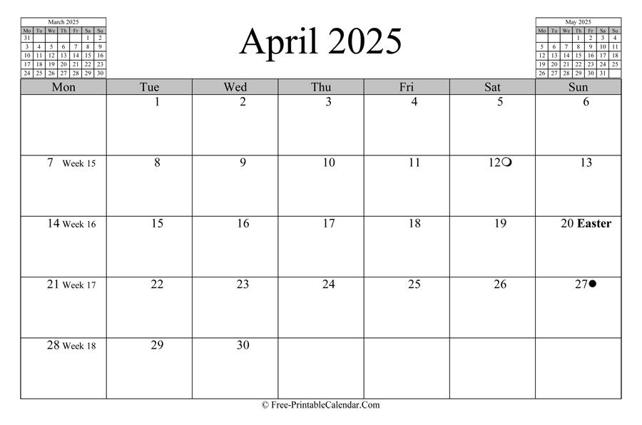 april 2025 Calendar (horizontal layout)