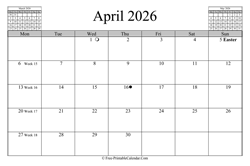 April 2026 Calendar (horizontal)